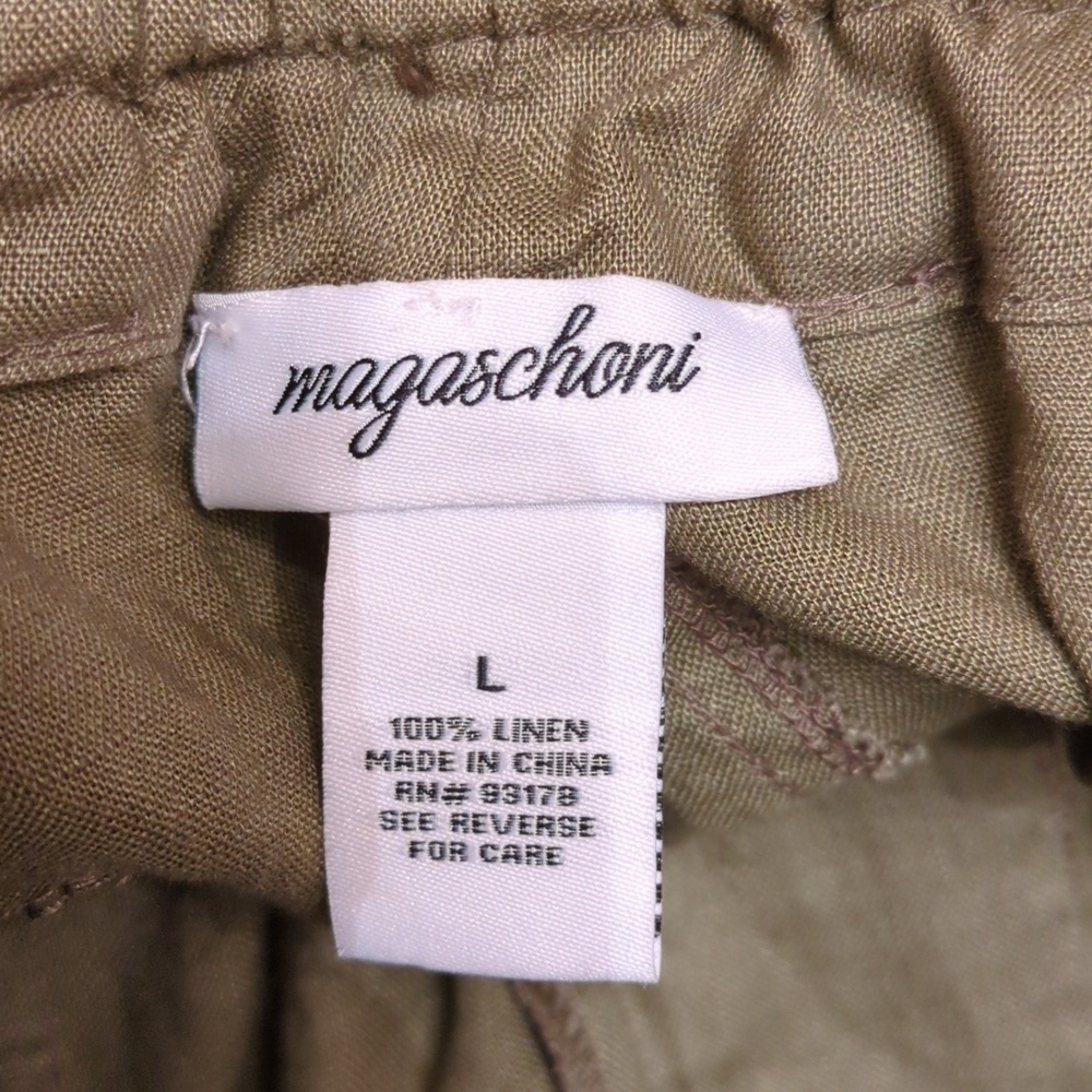Magaschoni Linen Olive Green Tie Waist Minimalist Shorts Sz L Vacation Cruise - Picture 3 of 4
